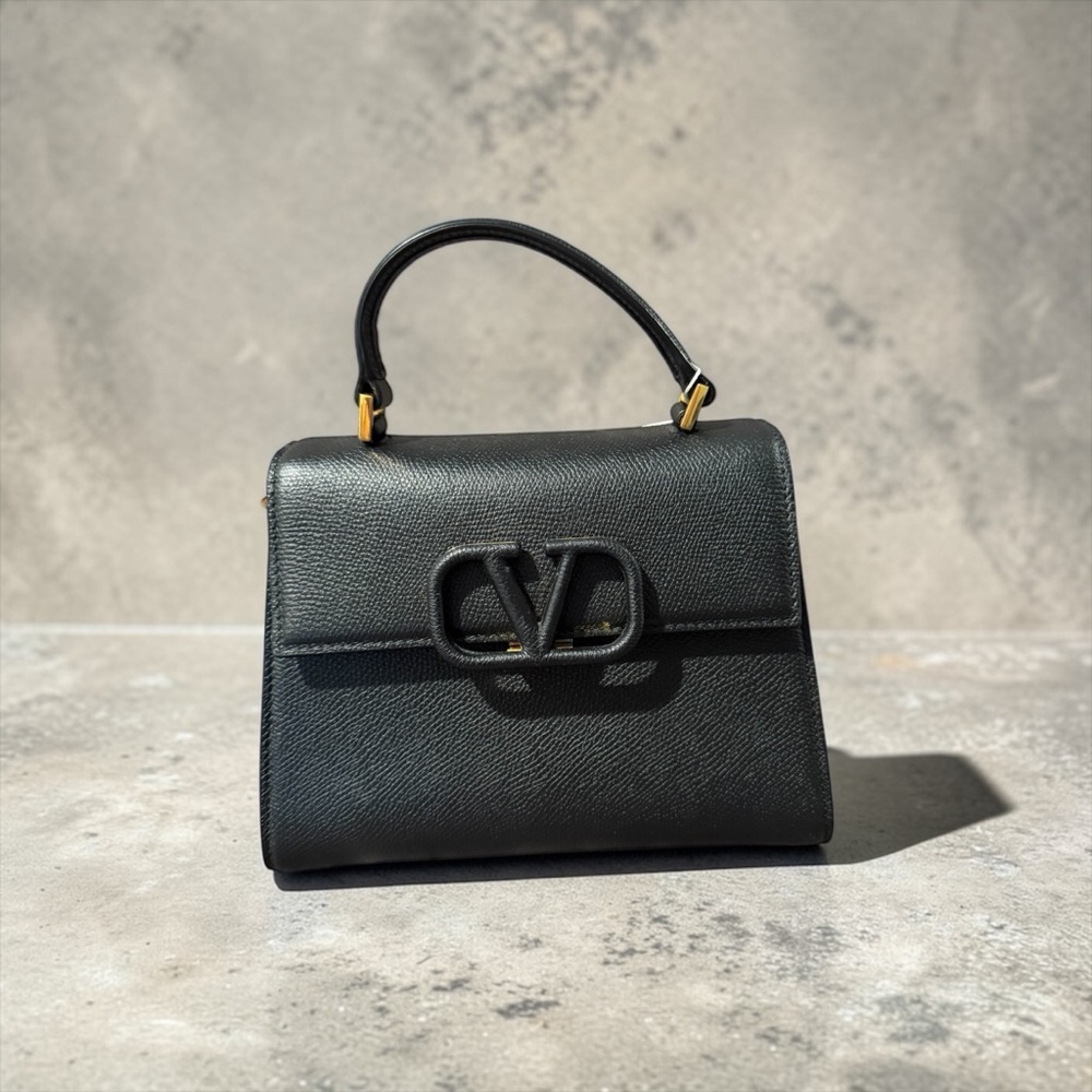 Valentino Garavani Black Leather Top-Handle Satchel with Gold‎ Accents